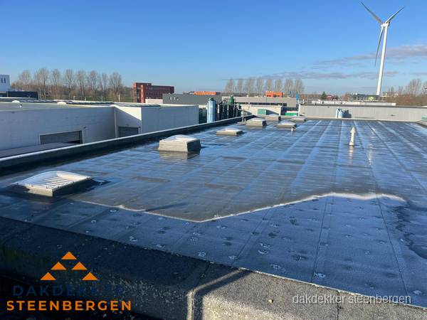Plat dak bedrijfspand met bitumen dakbedekking en lichtkoepels in Steenbergen Plat dak bedrijfspand met bitumen dakbedekking en lichtkoepels in Steenbergen