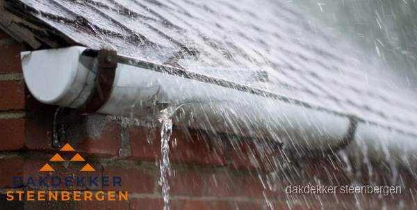 Lekkende dakgoot tijdens regenval in Steenbergen