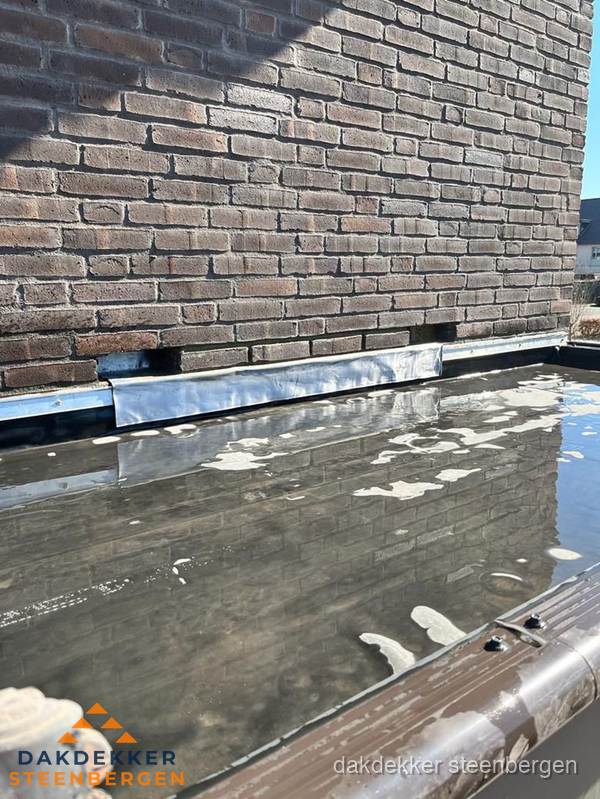 Stilstaand water op plat dak door slechte afwatering in Steenbergen