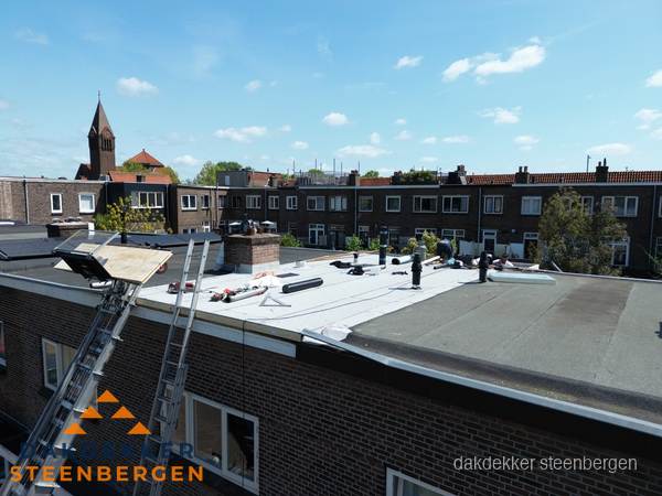 Dakdekkers aan het werk op plat dak in Steenbergen