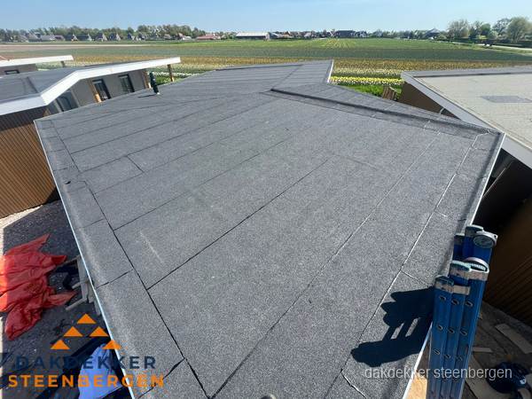 Nieuw bitumen plat dak met uitzicht over landschap in Steenbergen Nieuw bitumen plat dak met uitzicht over landschap in Steenbergen