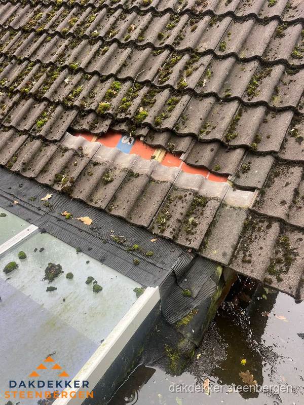 Beschadigd pannendak met ontbrekende dakpannen voor reparatie in Steenbergen